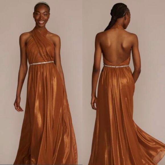 NWT Galina Signature Beaded Belt Chiffon Halter A-Line Bodice Cutout Gown - 22 - Picture 2 of 16